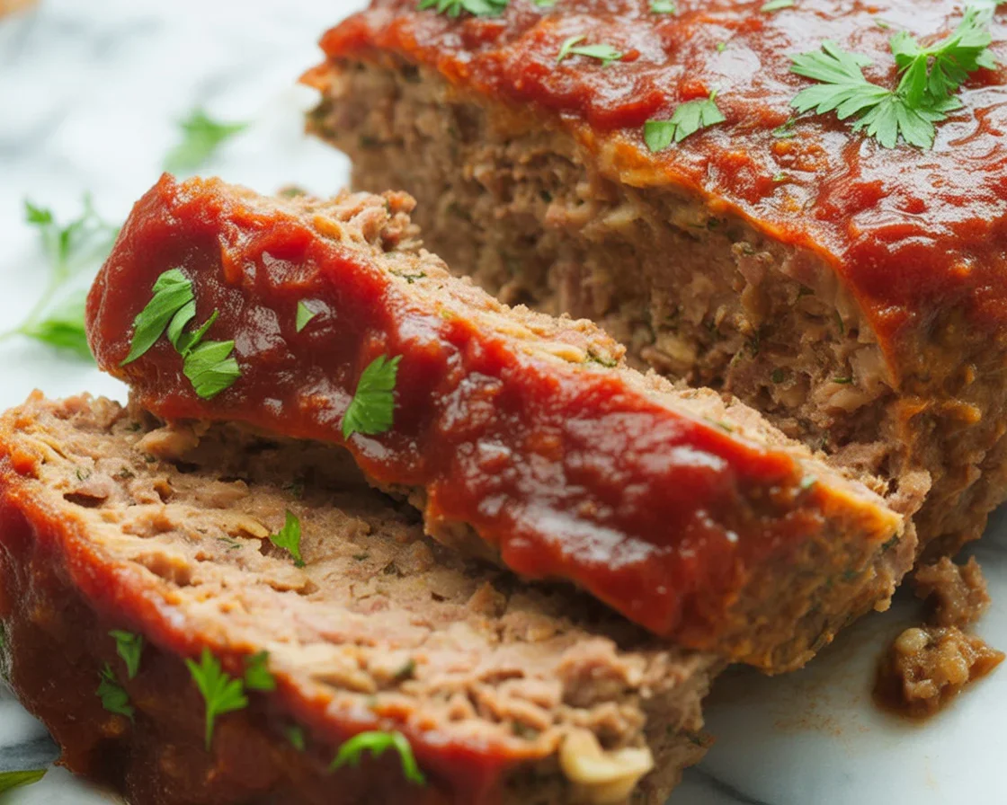 A perfectly cooked 2 lb meatloaf on a baking tray with garnished vegetables.