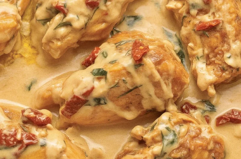 Creamy Marry Me Chicken with sun-dried tomatoes and garlic for a romantic dinner.