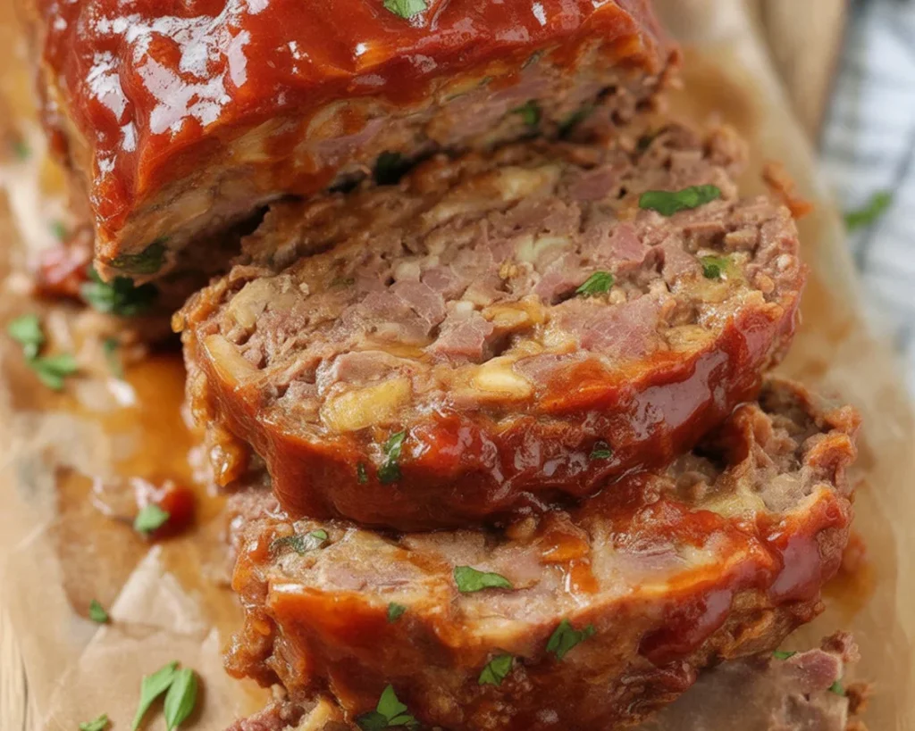 Delicious homemade meatloaf with ground beef and zesty topping.