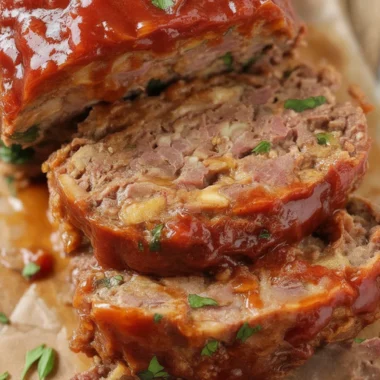 Delicious homemade meatloaf with ground beef and zesty topping.