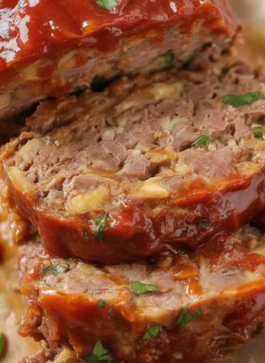 Delicious homemade meatloaf with ground beef and zesty topping.