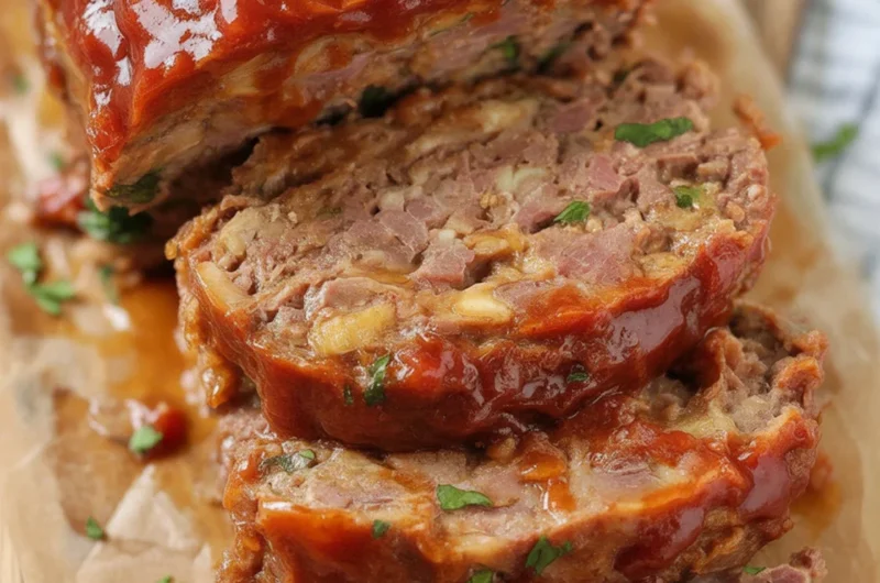 Delicious homemade meatloaf with ground beef and zesty topping.