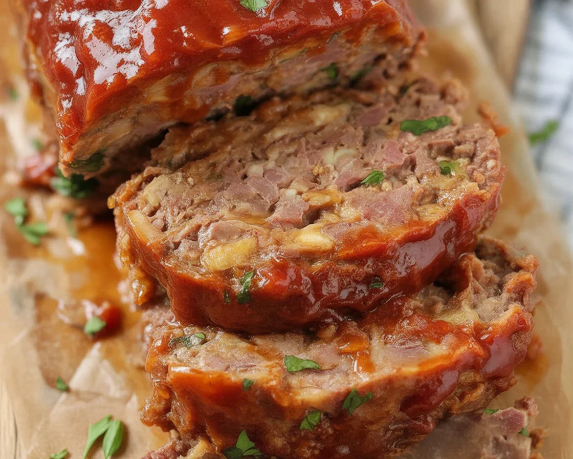 Delicious homemade meatloaf with ground beef and zesty topping.