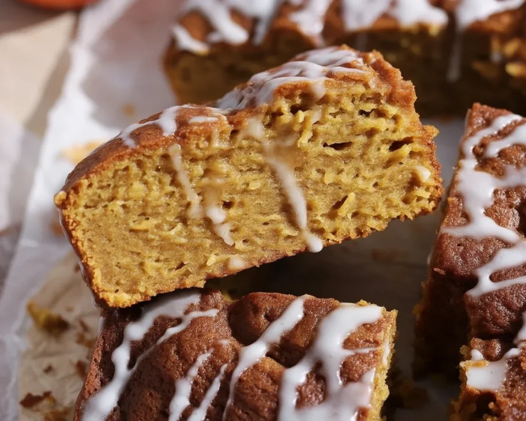 Cinnamon Roll Pumpkin Focaccia topped with vanilla glaze and cinnamon sugar filling.