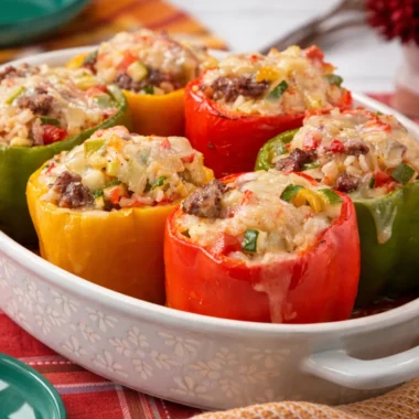 Delicious classic Stuffed Bell Peppers filled with beef, rice, and cheese.