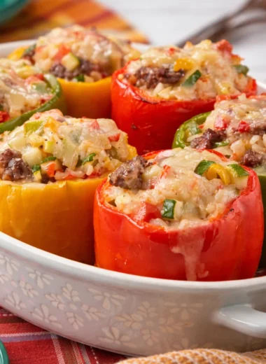 Delicious classic Stuffed Bell Peppers filled with beef, rice, and cheese.
