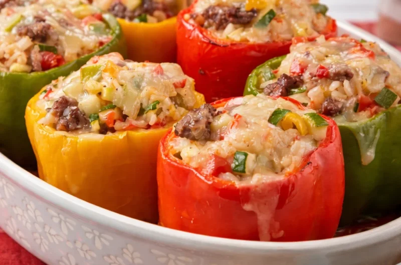 Delicious classic Stuffed Bell Peppers filled with beef, rice, and cheese.