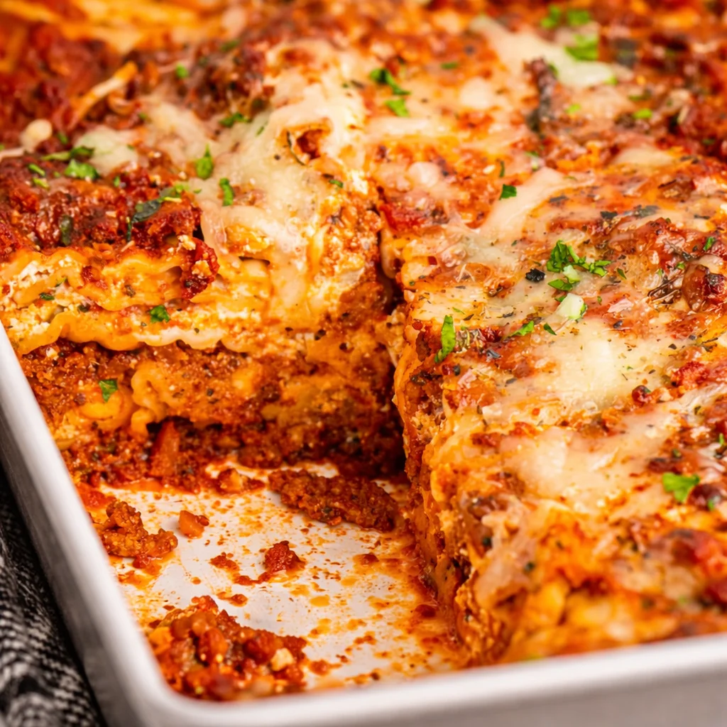 Delicious homemade lasagna layered with pasta, marinara sauce, and melting cheese.