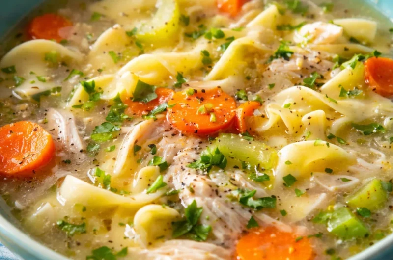 Delicious Instant Pot Chicken Noodle Soup with chicken, carrots, celery, and noodles.