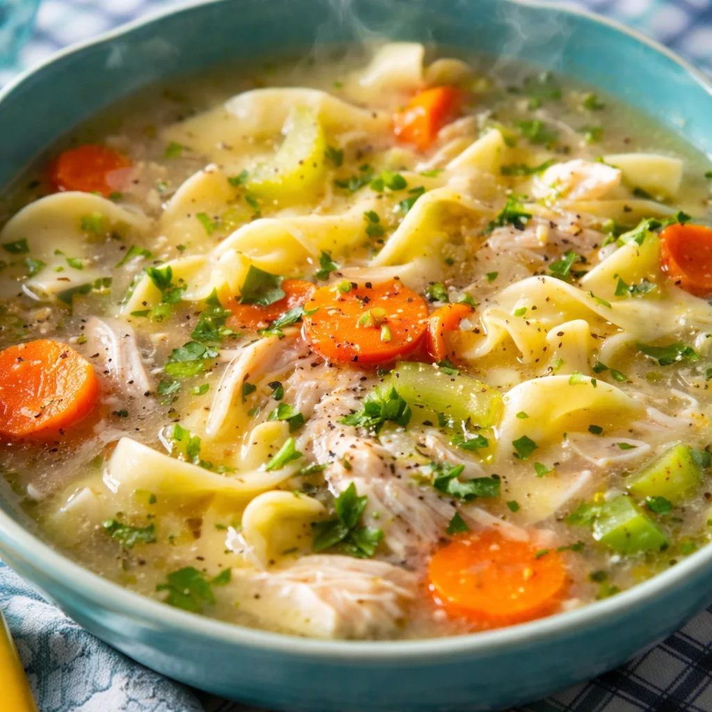 Delicious Instant Pot Chicken Noodle Soup with chicken, carrots, celery, and noodles.