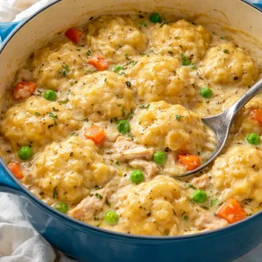Bowl of creamy chicken and dumplings with fluffy dumplings in rich sauce.