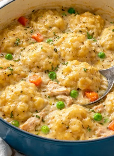 Bowl of creamy chicken and dumplings with fluffy dumplings in rich sauce.