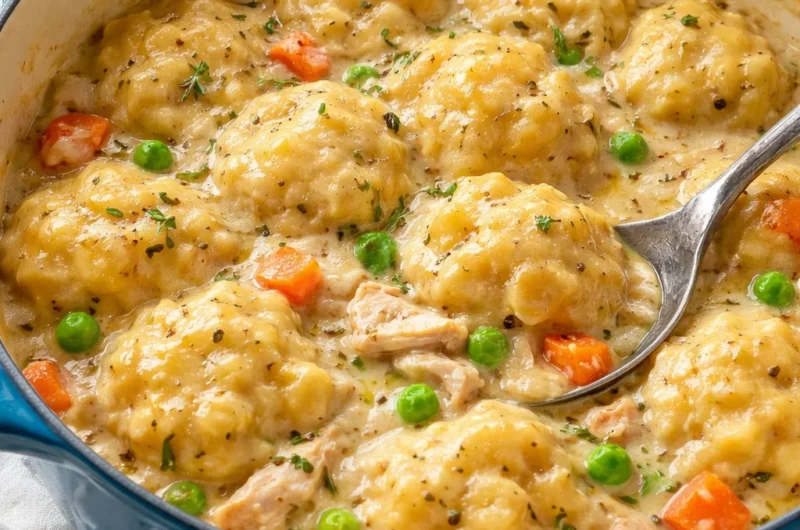 Bowl of creamy chicken and dumplings with fluffy dumplings in rich sauce.