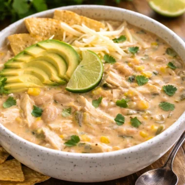 Delicious bowl of creamy White Chicken Chili with beans and shredded chicken.