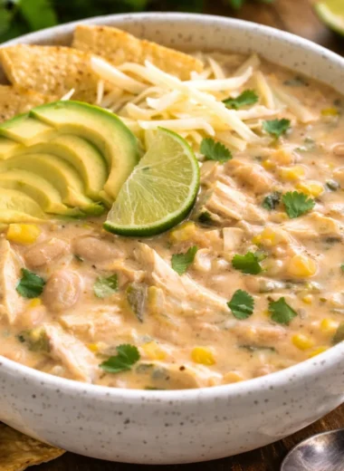 Delicious bowl of creamy White Chicken Chili with beans and shredded chicken.