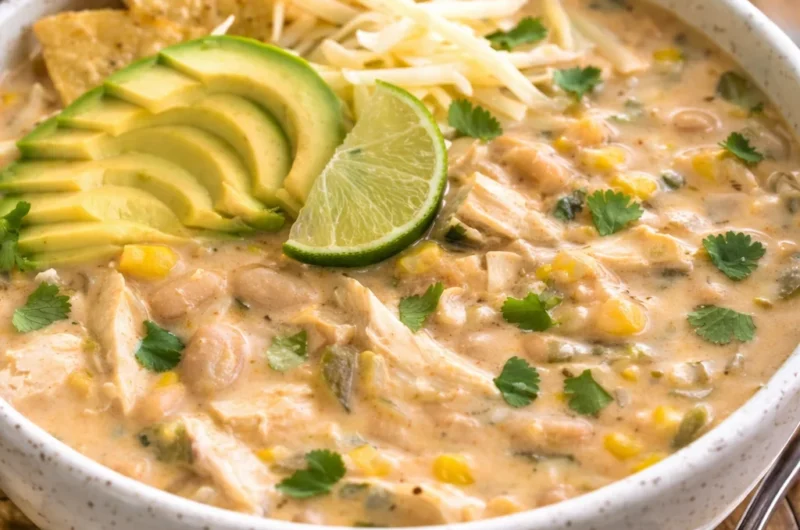 Delicious bowl of creamy White Chicken Chili with beans and shredded chicken.