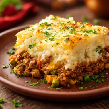 Delicious Classic Shepherd’s Pie with creamy mashed potatoes and savory meat filling.