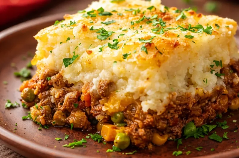 Delicious Classic Shepherd’s Pie with creamy mashed potatoes and savory meat filling.