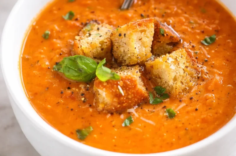 Bowl of creamy Tomato Basil Soup garnished with fresh basil leaves and served hot.