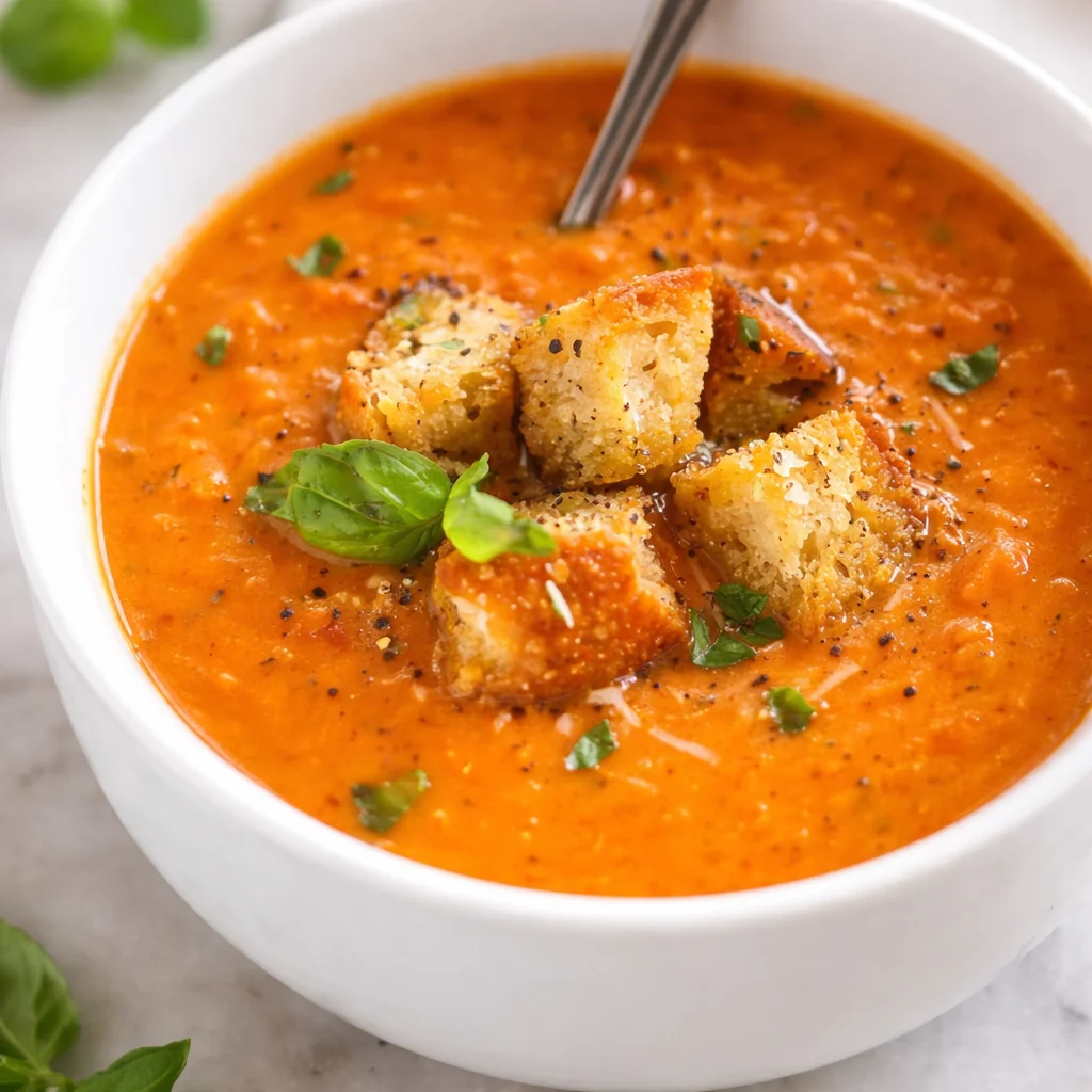 Bowl of creamy Tomato Basil Soup garnished with fresh basil leaves and served hot.