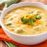 Bowl of creamy broccoli cheddar soup with garnishes on a wooden table.