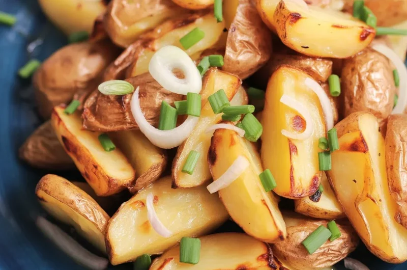 Crispy oven fried potatoes and onions on a baking sheet, golden and delicious.
