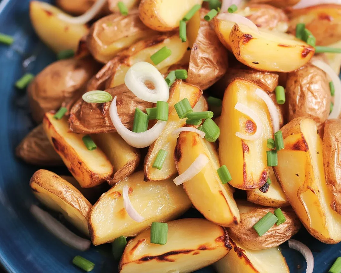 Crispy oven fried potatoes and onions on a baking sheet, golden and delicious.