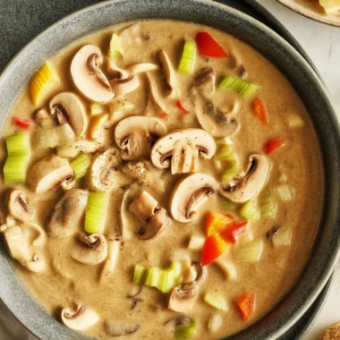 Creamy Chicken Mushroom Soup in a bowl, garnished with herbs and served with bread.