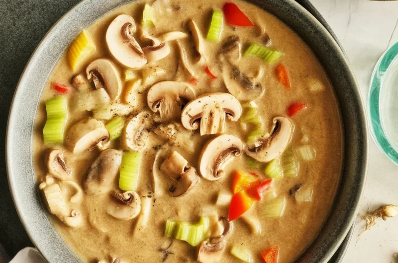 Creamy Chicken Mushroom Soup in a bowl, garnished with herbs and served with bread.