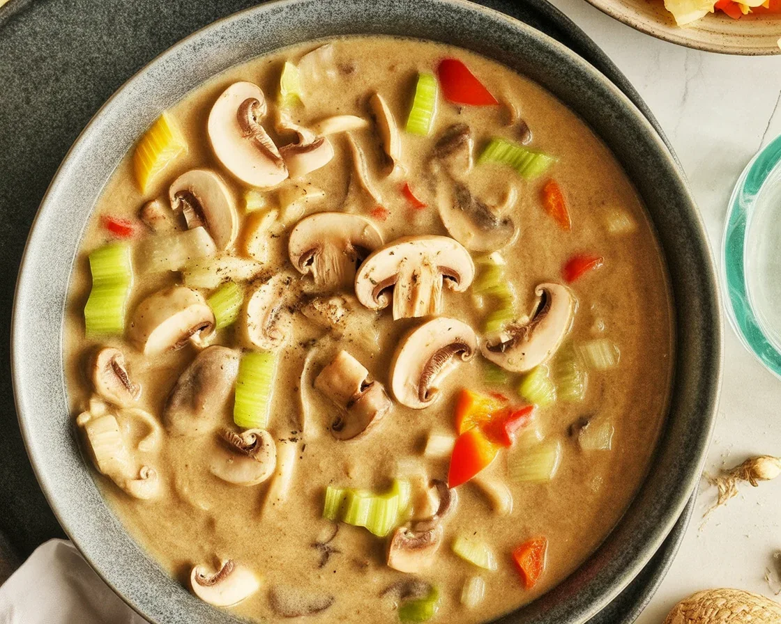 Creamy Chicken Mushroom Soup in a bowl, garnished with herbs and served with bread.