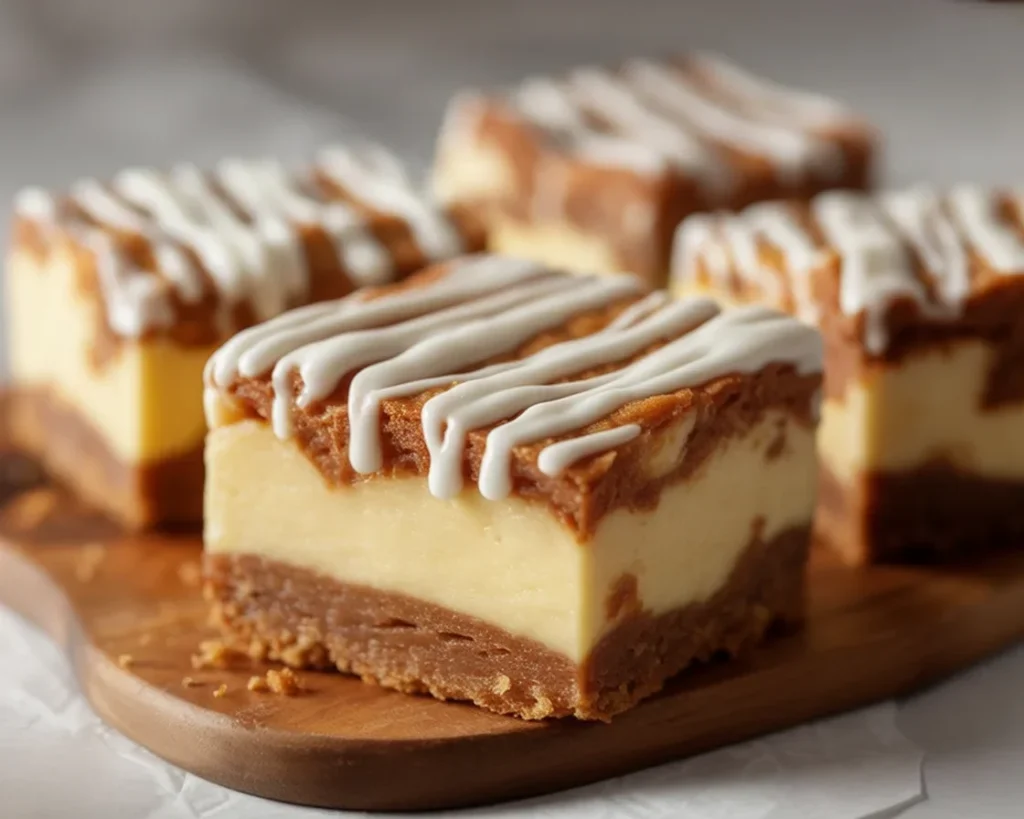 Delicious Cinnamon Roll Bliss Bars topped with creamy vanilla glaze and swirls of cinnamon.