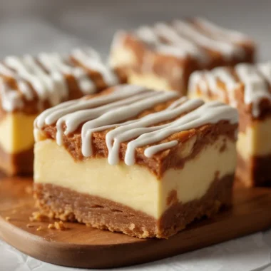Delicious Cinnamon Roll Bliss Bars topped with creamy vanilla glaze and swirls of cinnamon.