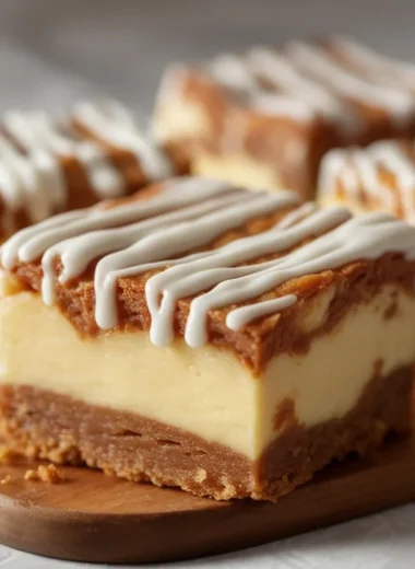 Delicious Cinnamon Roll Bliss Bars topped with creamy vanilla glaze and swirls of cinnamon.