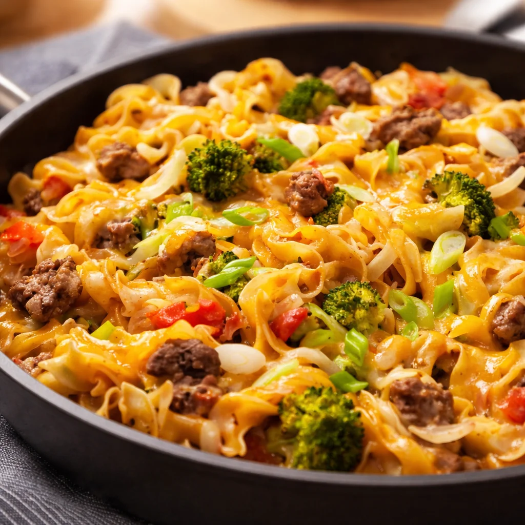 One-Pot Beef and Noodle Skillet with egg noodles, ground beef, and topped with cheese.