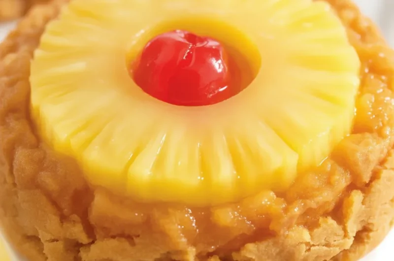 Pineapple Upside Down Sugar Cookies topped with pineapple rings and cherries