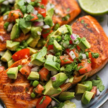 Baked Cajun Salmon with Avocado Lime Sauce served on a plate.