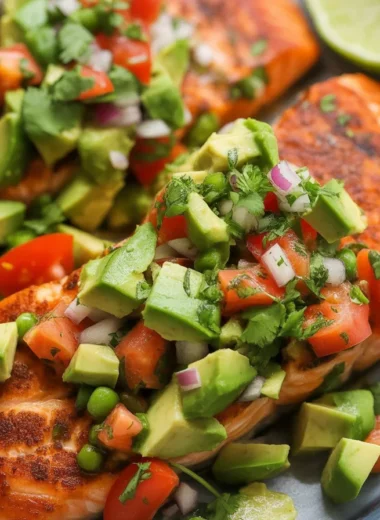 Baked Cajun Salmon with Avocado Lime Sauce served on a plate.