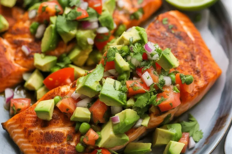 Baked Cajun Salmon with Avocado Lime Sauce served on a plate.