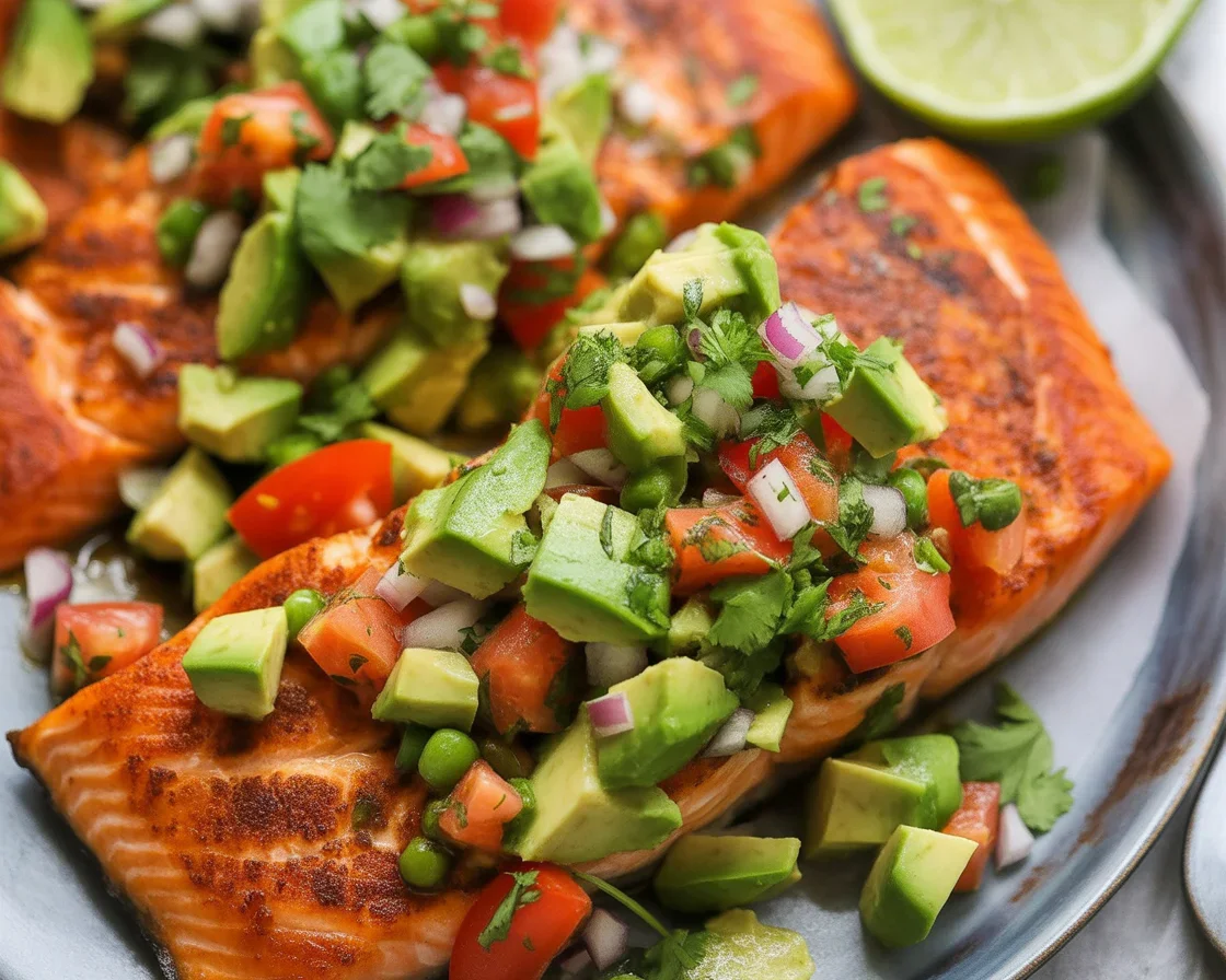 Baked Cajun Salmon with Avocado Lime Sauce served on a plate.