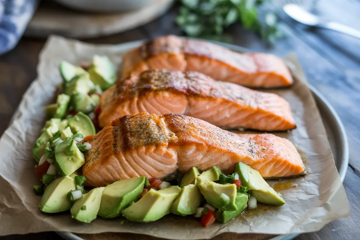 Baked Cajun Salmon with Avocado Lime Sauce