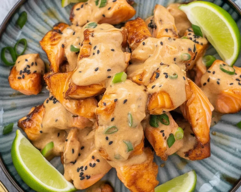 Delicious Bang Bang Salmon topped with creamy sauce and served with rice and avocado salsa.