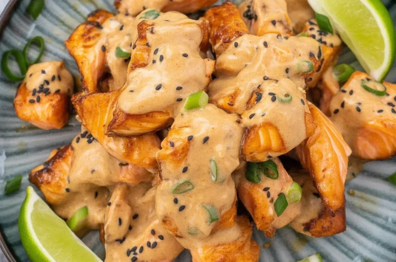 Delicious Bang Bang Salmon topped with creamy sauce and served with rice and avocado salsa.