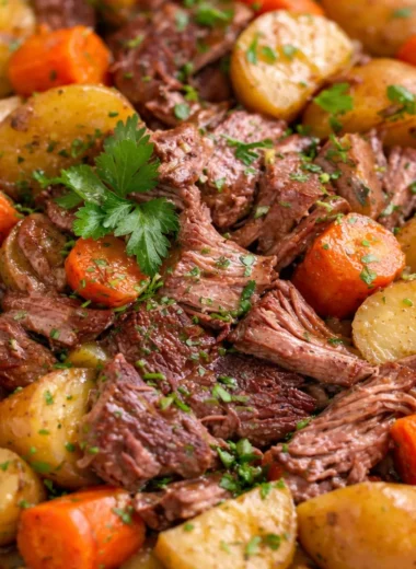 Slow Cooker Pot Roast with Potatoes, Carrots, and Tender Beef in Rich Broth