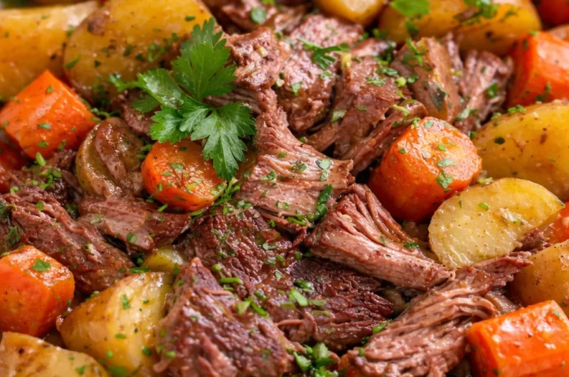 Slow Cooker Pot Roast with Potatoes, Carrots, and Tender Beef in Rich Broth