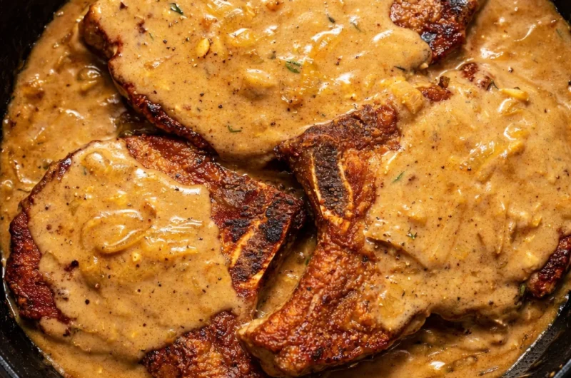 Southern Smothered Pork Chops served with rich onion gravy and mashed potatoes.