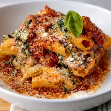 Delicious Baked Ziti with Ricotta and Mozzarella topped with melted cheese.