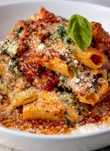 Delicious Baked Ziti with Ricotta and Mozzarella topped with melted cheese.