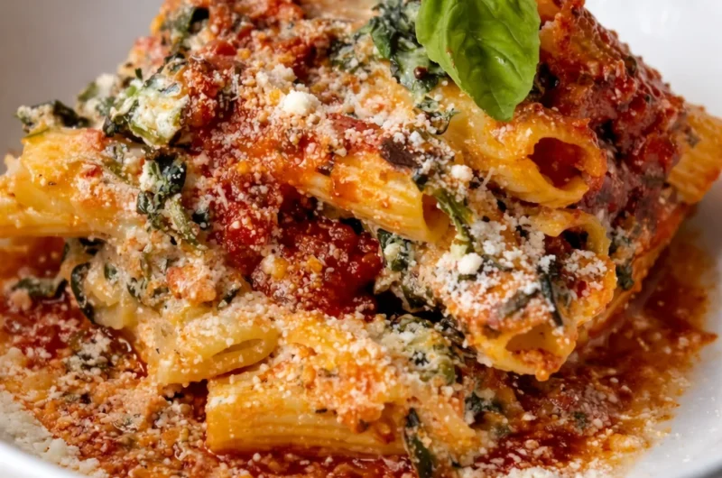 Delicious Baked Ziti with Ricotta and Mozzarella topped with melted cheese.