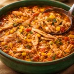 Bowl of Chicken Tortilla Soup topped with cheese, avocado, and tortilla strips