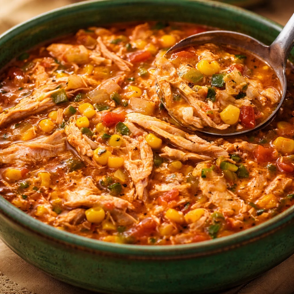 Bowl of Chicken Tortilla Soup topped with cheese, avocado, and tortilla strips